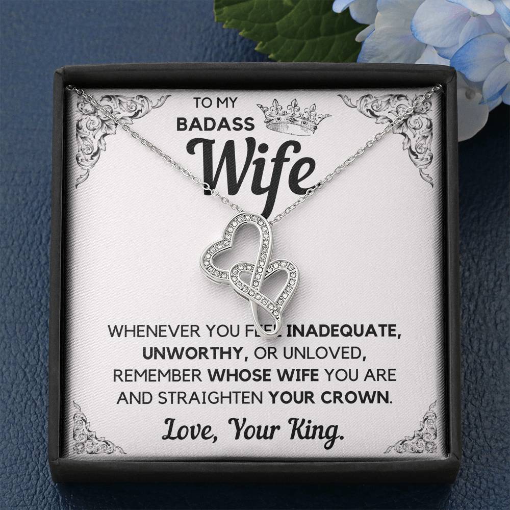 TO MY BADASS WIFE CROWN DECORATION DOUBLE HEARTS NECKLACE GIFT SET - ON CLOUD NINE GIFTS