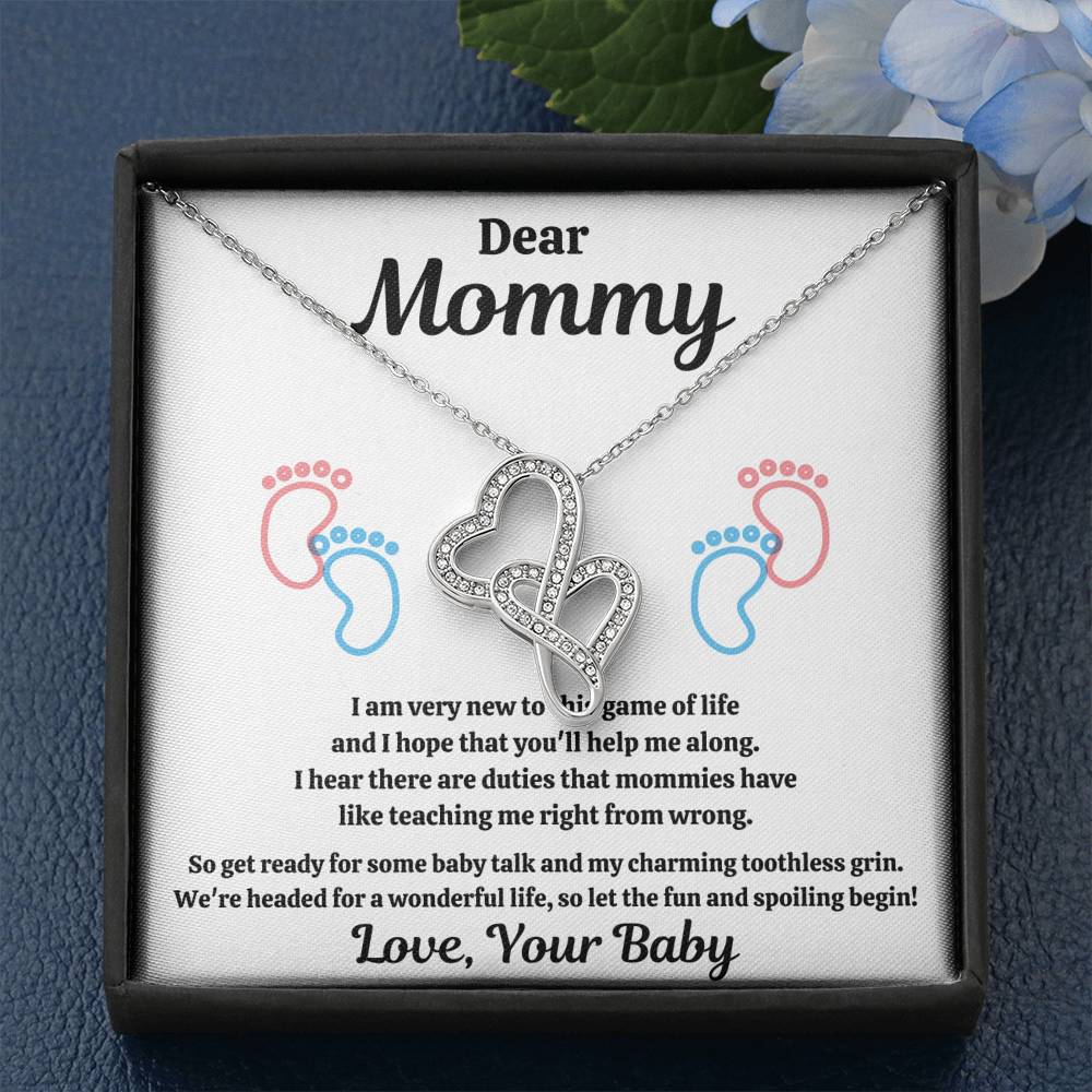 DEAR MOMMY "SPOILING BABY-FEET WHITE" DOUBLE HEARTS NECKLACE GIFT SET - ON CLOUD NINE GIFTS