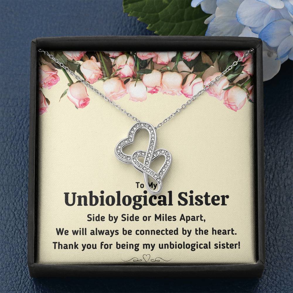 TO MY UNBIOLOGICAL SISTER "CONNECTED BY THE HEART" DOUBLE HEARTS NECKLACE GIFT SET - ON CLOUD NINE GIFTS