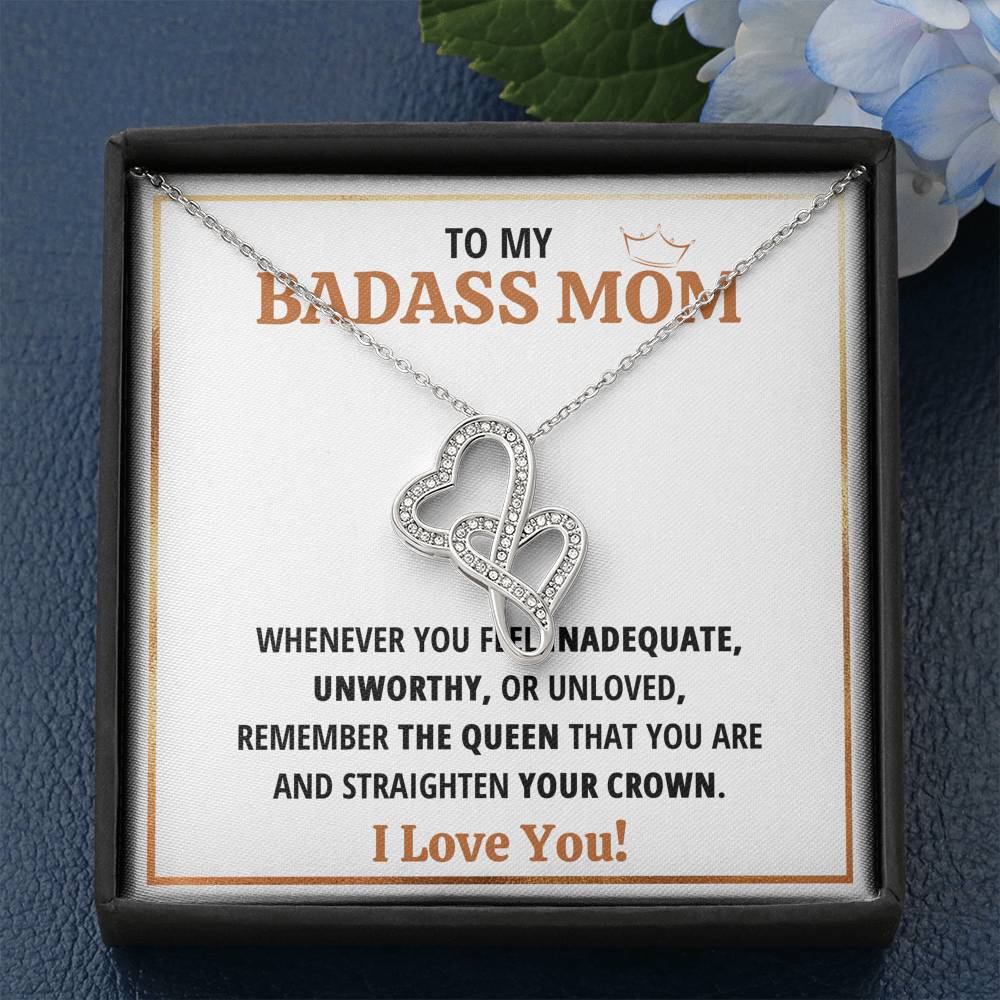 TO MY BADASS MOM QUEEN DOUBLE HEARTS NECKLACE GIFT SET - ON CLOUD NINE GIFTS