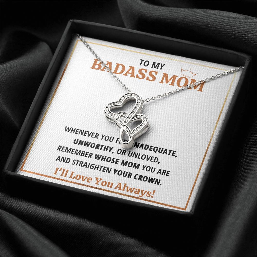 TO MY BADASS MOM CROWN DOUBLE HEARTS NECKLACE GIFT SET - ON CLOUD NINE GIFTS
