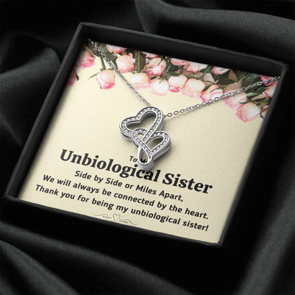 TO MY UNBIOLOGICAL SISTER "CONNECTED BY THE HEART" DOUBLE HEARTS NECKLACE GIFT SET - ON CLOUD NINE GIFTS