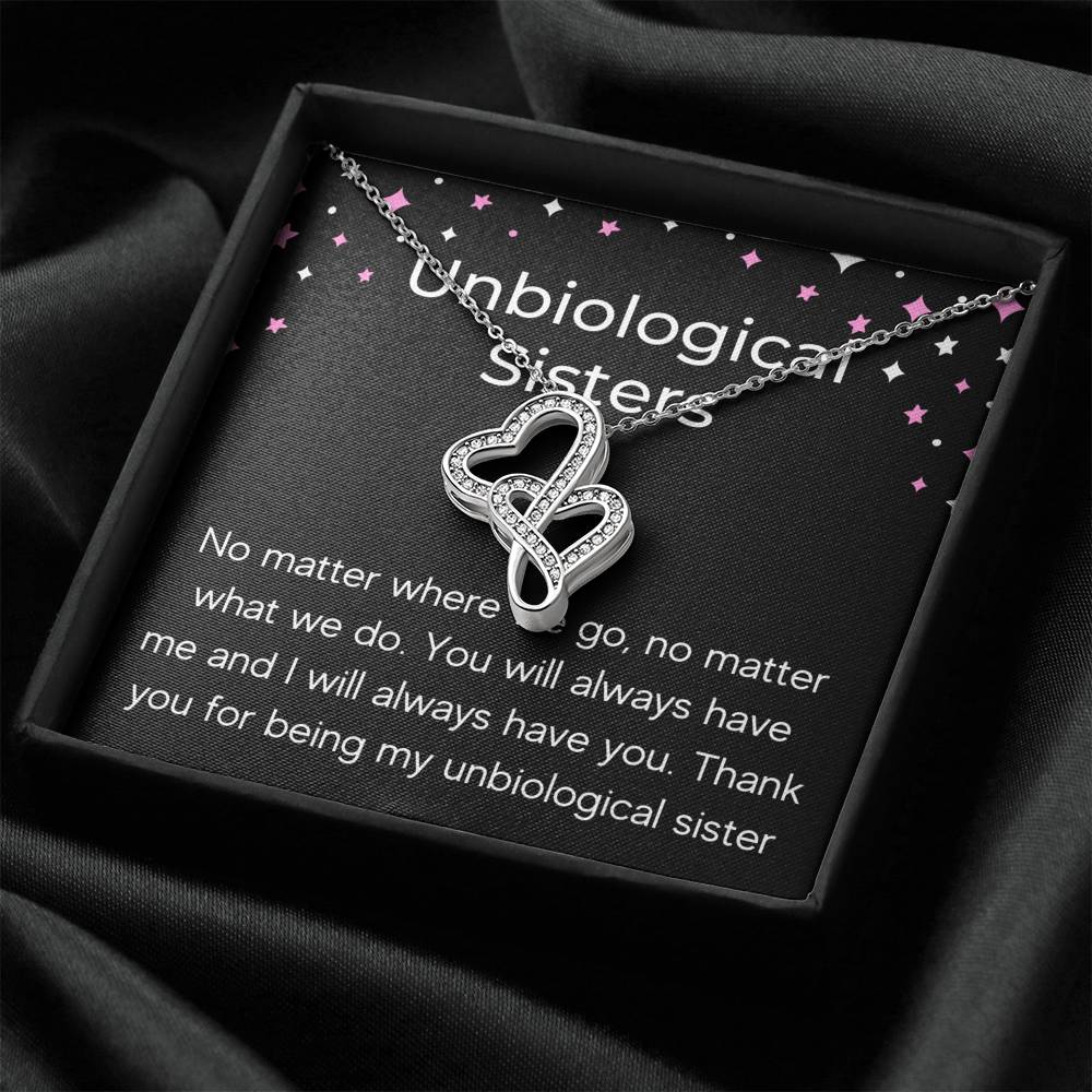 UNBIOLOGICAL SISTERS "NO MATTER WHERE WE GO" DOUBLE HEARTS NECKLACE GIFT SET - ON CLOUD NINE GIFTS