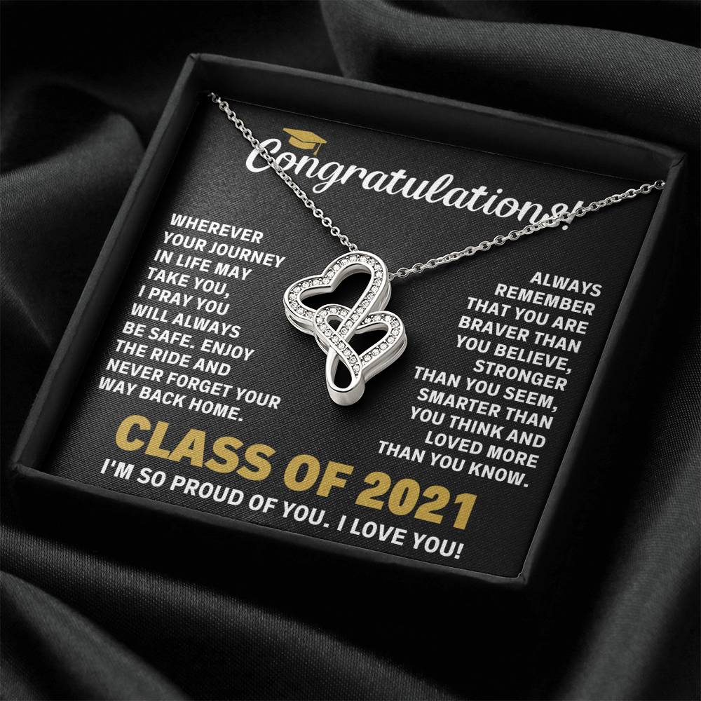 CLASS OF 2021 BRAVER DOUBLE HEARTS NECKLACE GIFT SET - ON CLOUD NINE GIFTS