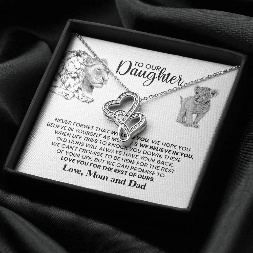 TO OUR DAUGHTER "THESE OLD LIONS" DOUBLE HEARTS NECKLACE GIFT SET - ON CLOUD NINE GIFTS