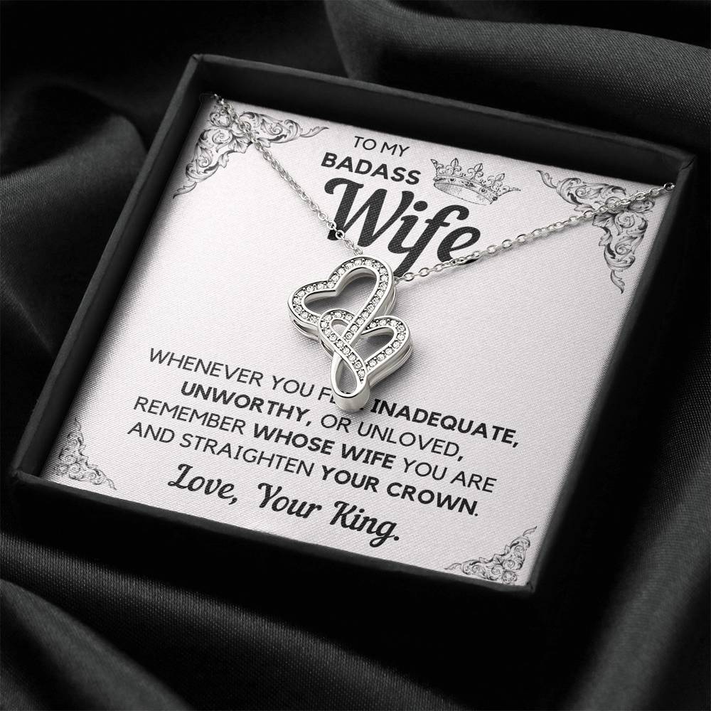 TO MY BADASS WIFE CROWN DECORATION DOUBLE HEARTS NECKLACE GIFT SET - ON CLOUD NINE GIFTS