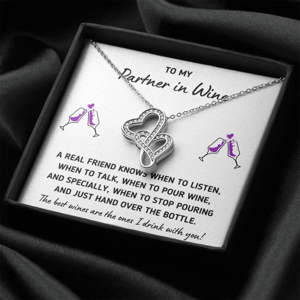 TO MY PARTNER IN WINE "HAND OVER THE BOTTLE" DOUBLE HEARTS NECKLACE GIFT SET - ON CLOUD NINE GIFTS