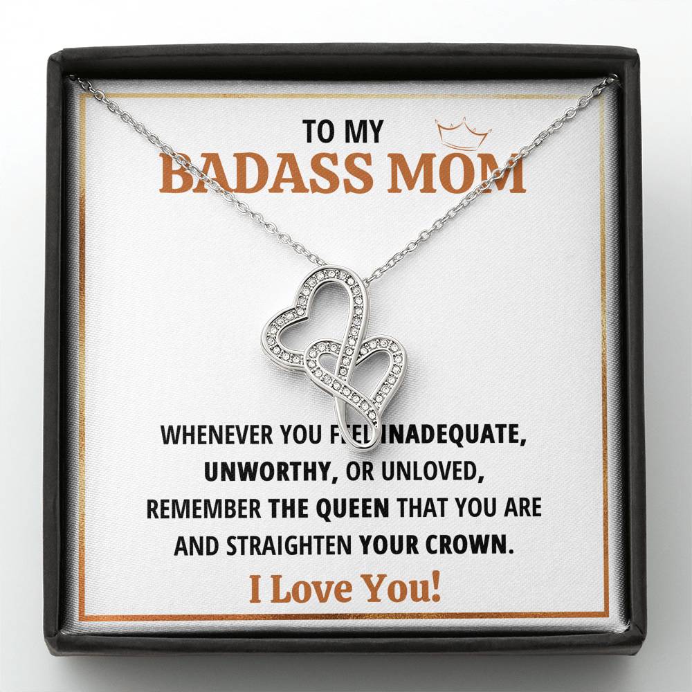 TO MY BADASS MOM QUEEN DOUBLE HEARTS NECKLACE GIFT SET - ON CLOUD NINE GIFTS