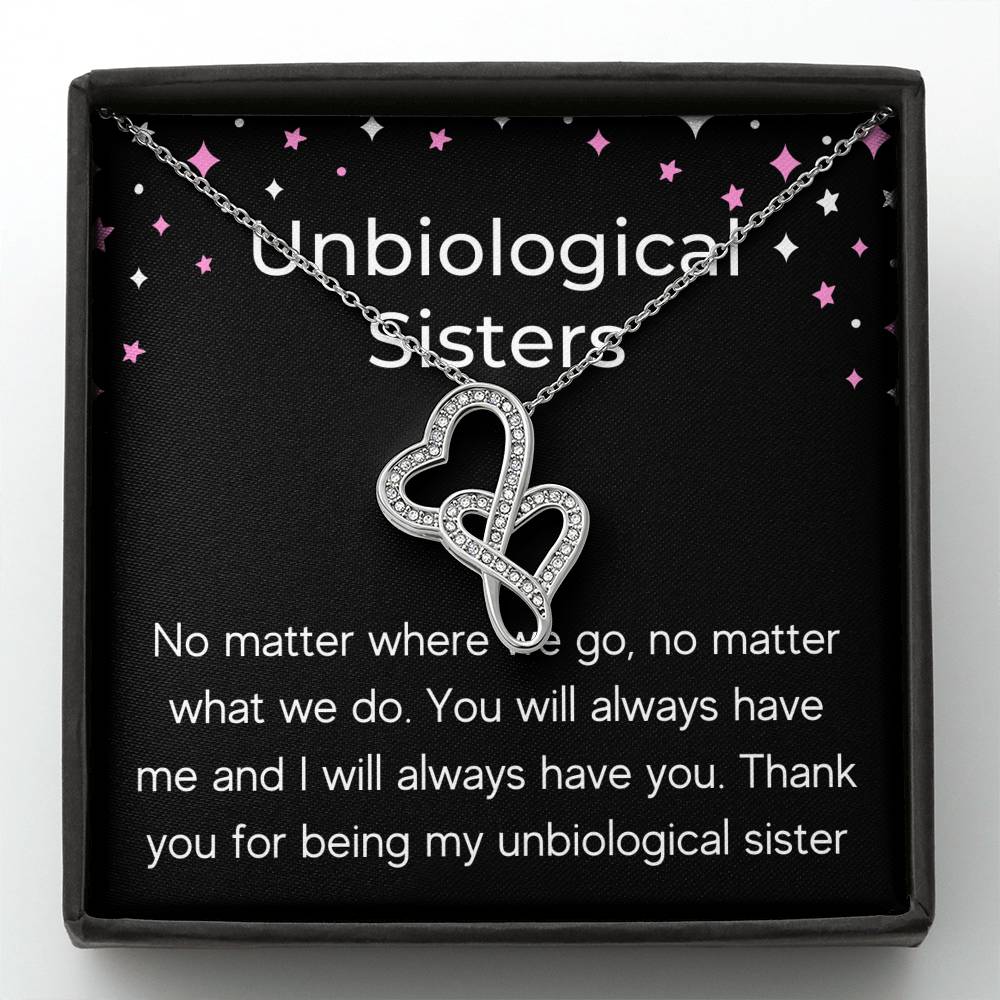 UNBIOLOGICAL SISTERS "NO MATTER WHERE WE GO" DOUBLE HEARTS NECKLACE GIFT SET - ON CLOUD NINE GIFTS