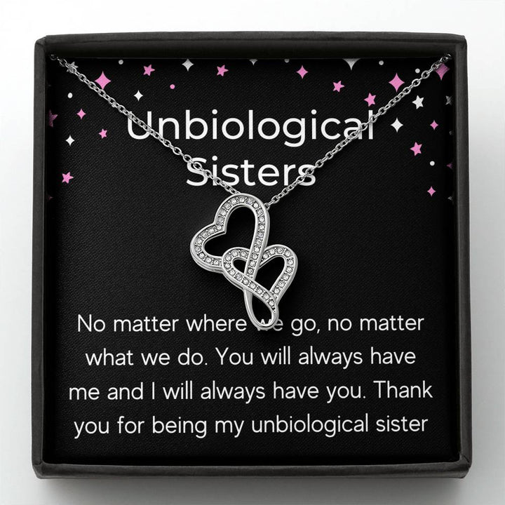 UNBIOLOGICAL SISTERS "NO MATTER WHERE WE GO" DOUBLE HEARTS NECKLACE GIFT SET - ON CLOUD NINE GIFTS