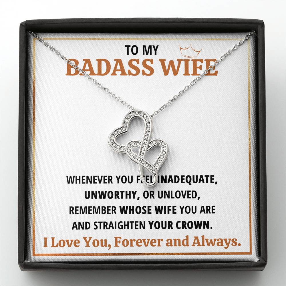 TO MY BADASS WIFE CROWN DOUBLE HEARTS NECKLACE GIFT SET - ON CLOUD NINE GIFTS