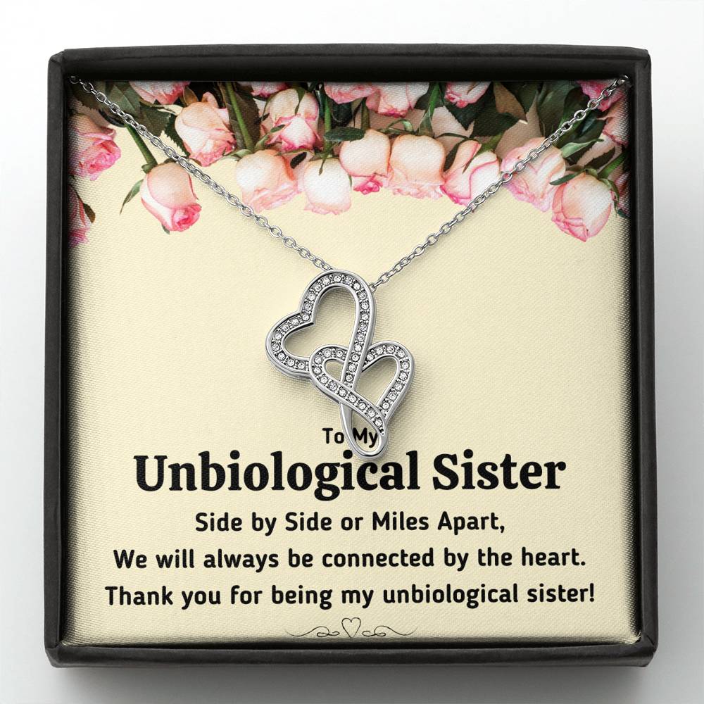 TO MY UNBIOLOGICAL SISTER "CONNECTED BY THE HEART" DOUBLE HEARTS NECKLACE GIFT SET - ON CLOUD NINE GIFTS