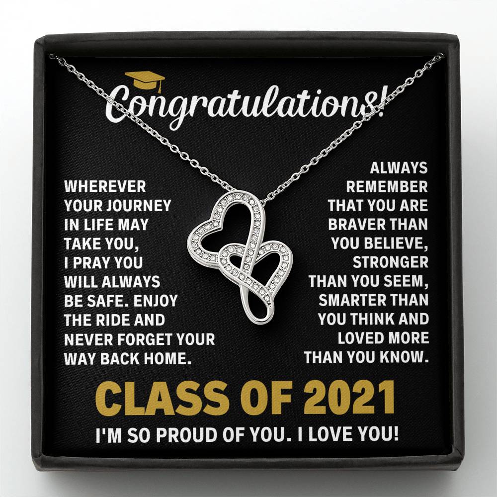 CLASS OF 2021 BRAVER DOUBLE HEARTS NECKLACE GIFT SET - ON CLOUD NINE GIFTS