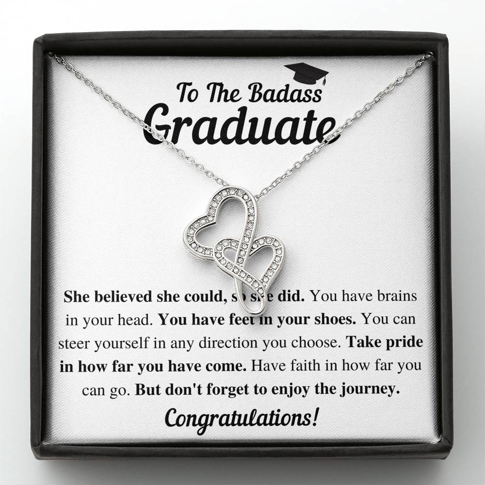 TO THE BADASS GRADUATE SHE DID DOUBLE HEARTS NECKLACE GIFT SET - ON CLOUD NINE GIFTS