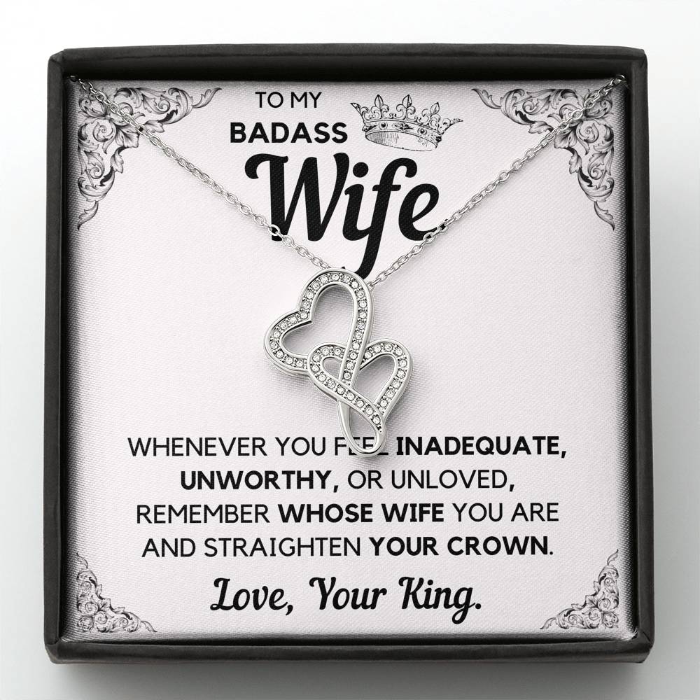 TO MY BADASS WIFE CROWN DECORATION DOUBLE HEARTS NECKLACE GIFT SET - ON CLOUD NINE GIFTS