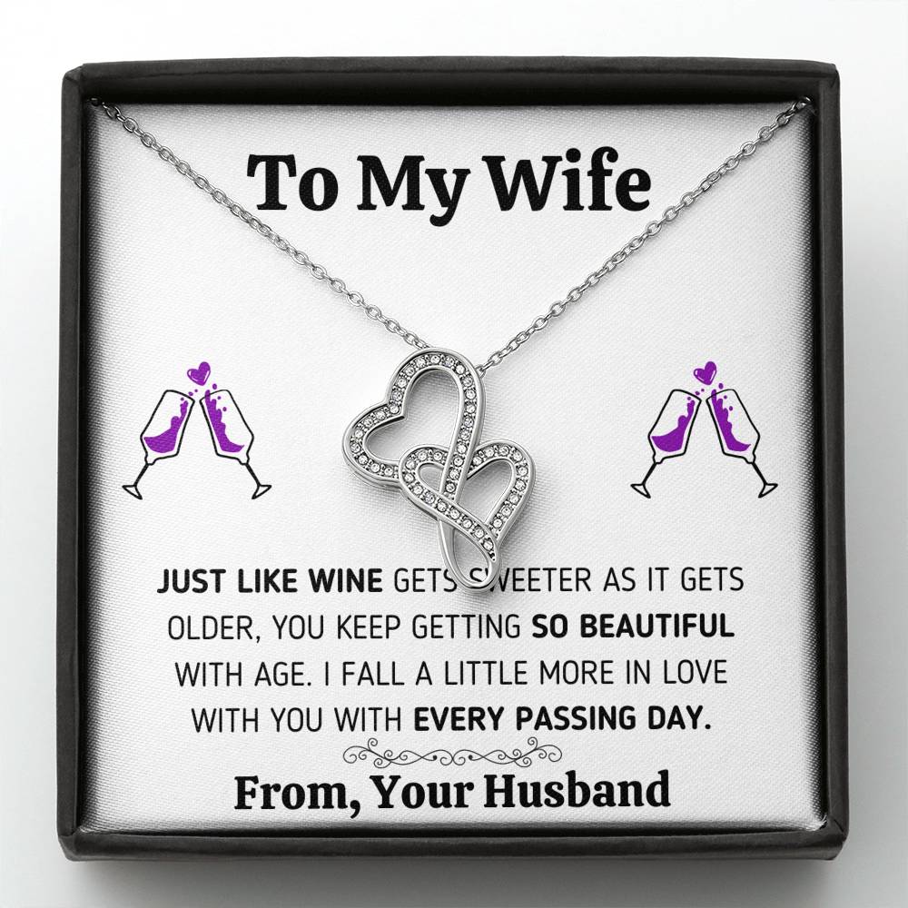 TO MY WIFE "JUST LIKE WINE" DOUBLE HEARTS NECKLACE GIFT SET - ON CLOUD NINE GIFTS