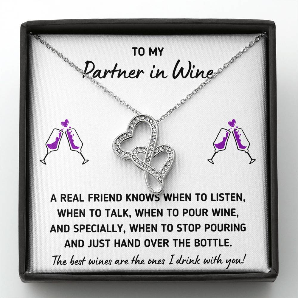 TO MY PARTNER IN WINE "HAND OVER THE BOTTLE" DOUBLE HEARTS NECKLACE GIFT SET - ON CLOUD NINE GIFTS