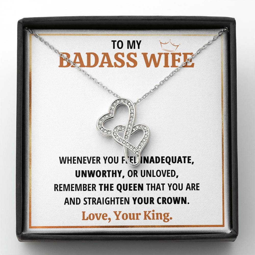 TO MY BADASS WIFE QUEEN DOUBLE HEARTS NECKLACE GIFT SET - ON CLOUD NINE GIFTS