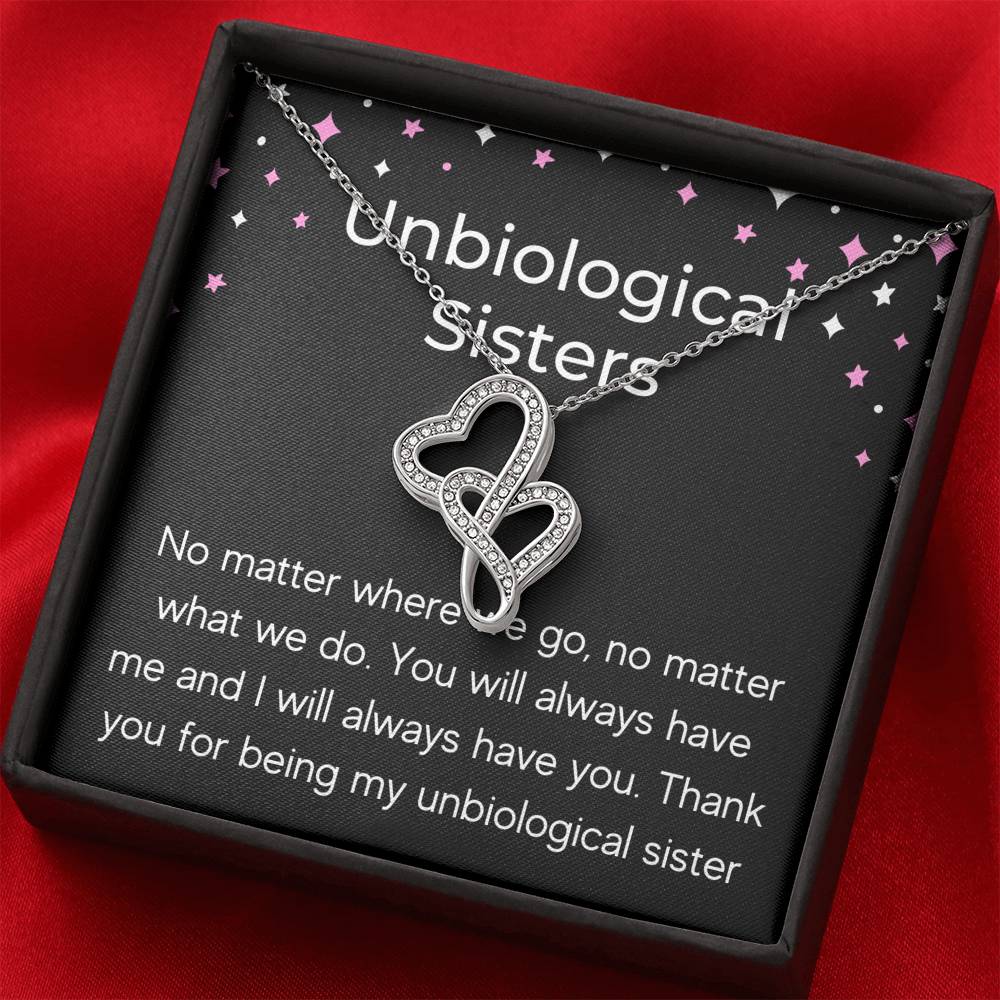 UNBIOLOGICAL SISTERS "NO MATTER WHERE WE GO" DOUBLE HEARTS NECKLACE GIFT SET - ON CLOUD NINE GIFTS