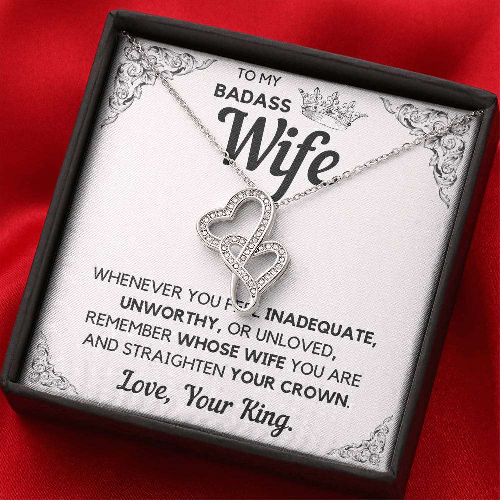 TO MY BADASS WIFE CROWN DECORATION DOUBLE HEARTS NECKLACE GIFT SET - ON CLOUD NINE GIFTS