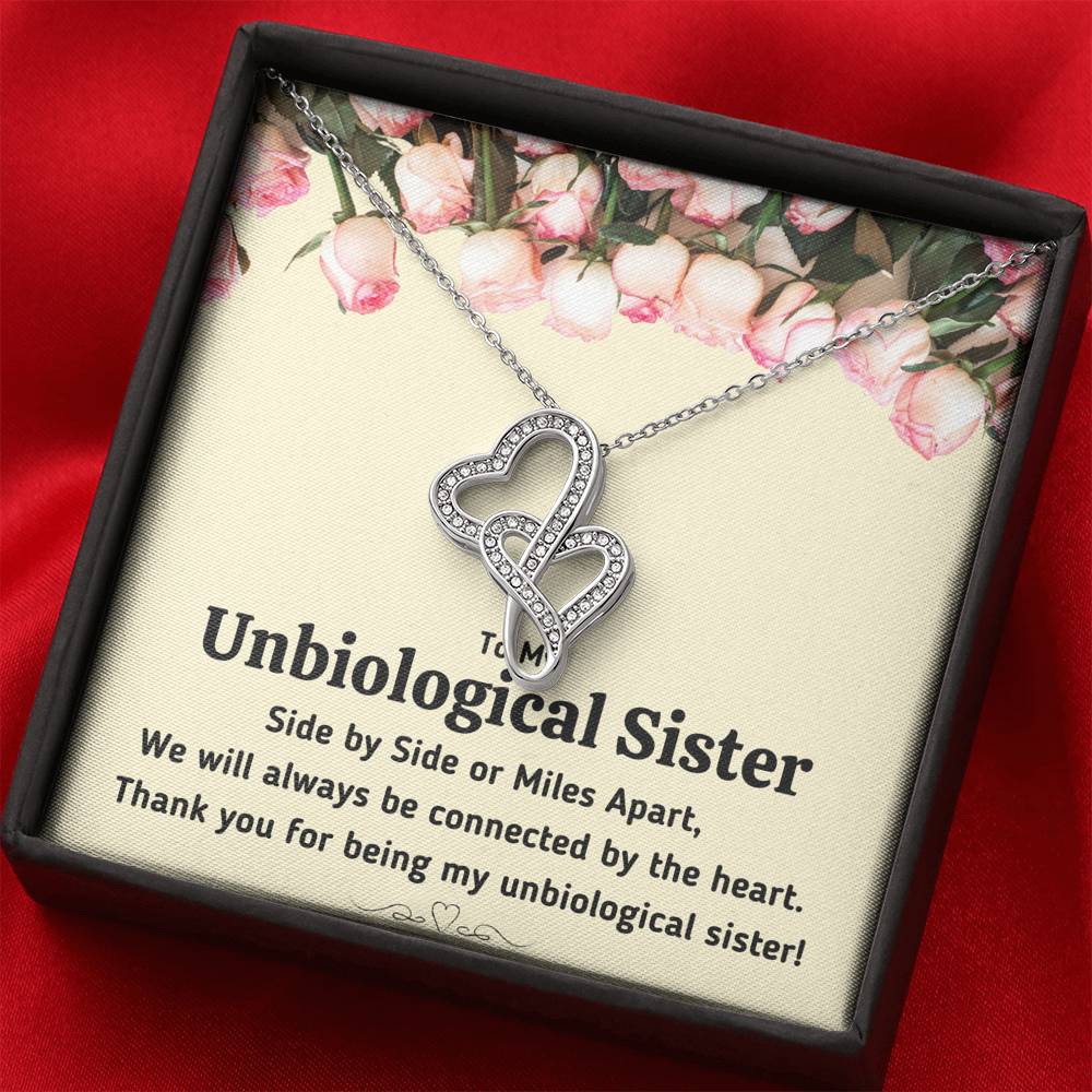 TO MY UNBIOLOGICAL SISTER "CONNECTED BY THE HEART" DOUBLE HEARTS NECKLACE GIFT SET - ON CLOUD NINE GIFTS