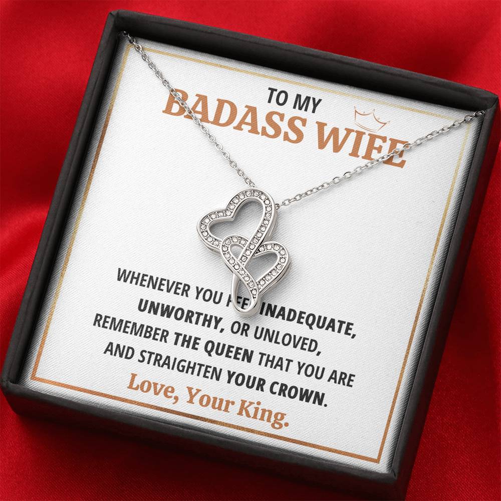 TO MY BADASS WIFE QUEEN DOUBLE HEARTS NECKLACE GIFT SET - ON CLOUD NINE GIFTS