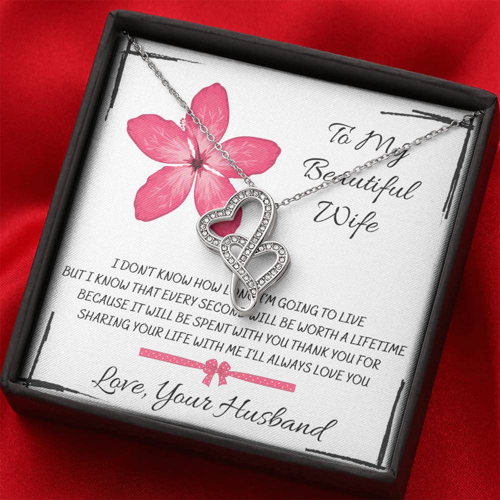 TO MY BEAUTIFUL WIFE "EVERY SECOND" DOUBLE HEARTS NECKLACE GIFT SET - ON CLOUD NINE GIFTS