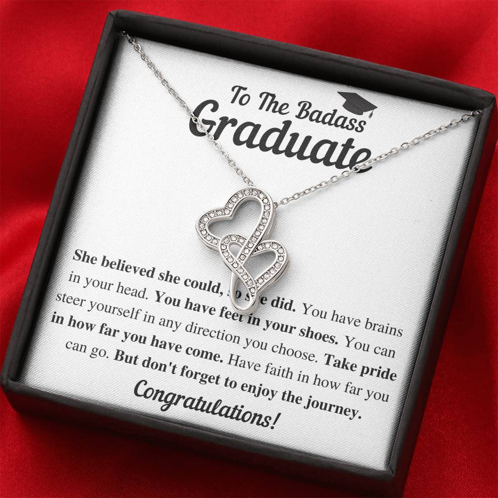 TO THE BADASS GRADUATE SHE DID DOUBLE HEARTS NECKLACE GIFT SET - ON CLOUD NINE GIFTS