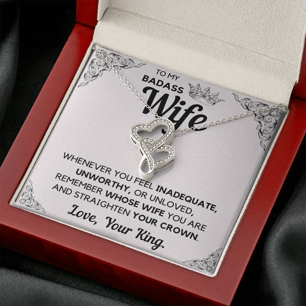 TO MY BADASS WIFE CROWN DECORATION DOUBLE HEARTS NECKLACE GIFT SET - ON CLOUD NINE GIFTS