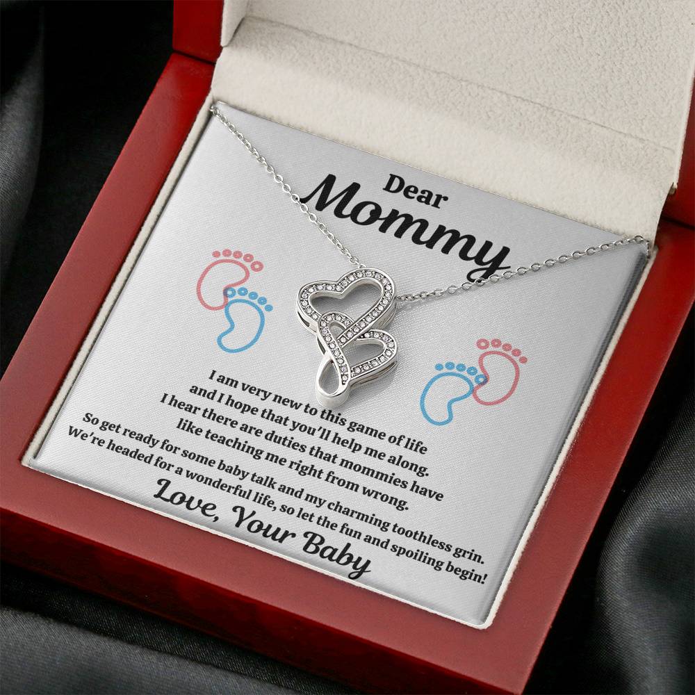 DEAR MOMMY "SPOILING BABY-FEET WHITE" DOUBLE HEARTS NECKLACE GIFT SET - ON CLOUD NINE GIFTS