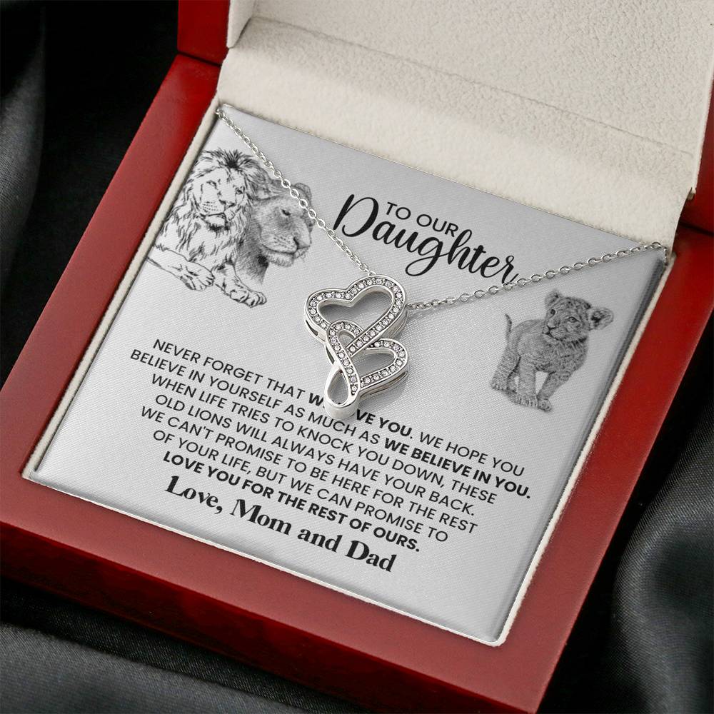 TO OUR DAUGHTER "THESE OLD LIONS" DOUBLE HEARTS NECKLACE GIFT SET - ON CLOUD NINE GIFTS