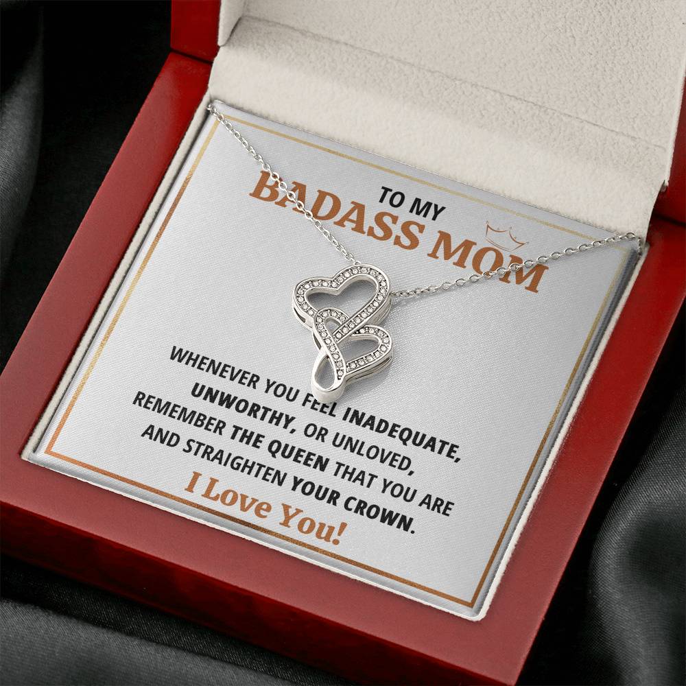 TO MY BADASS MOM QUEEN DOUBLE HEARTS NECKLACE GIFT SET - ON CLOUD NINE GIFTS