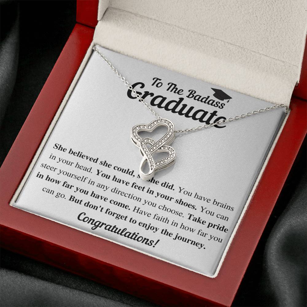 TO THE BADASS GRADUATE SHE DID DOUBLE HEARTS NECKLACE GIFT SET - ON CLOUD NINE GIFTS
