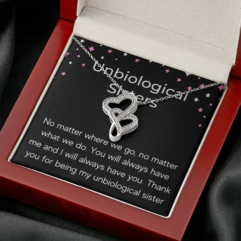UNBIOLOGICAL SISTERS "NO MATTER WHERE WE GO" DOUBLE HEARTS NECKLACE GIFT SET - ON CLOUD NINE GIFTS