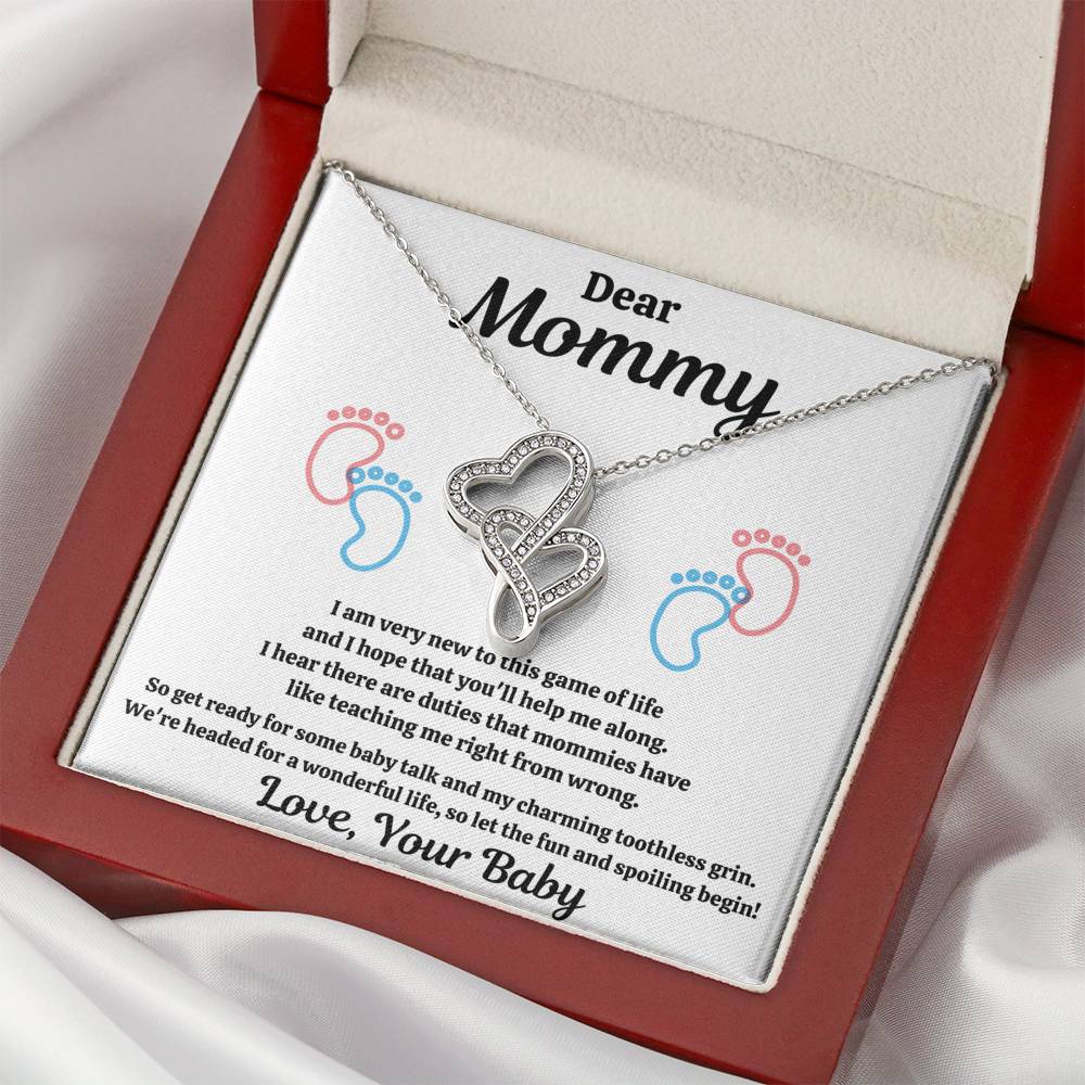 DEAR MOMMY "SPOILING BABY-FEET WHITE" DOUBLE HEARTS NECKLACE GIFT SET - ON CLOUD NINE GIFTS
