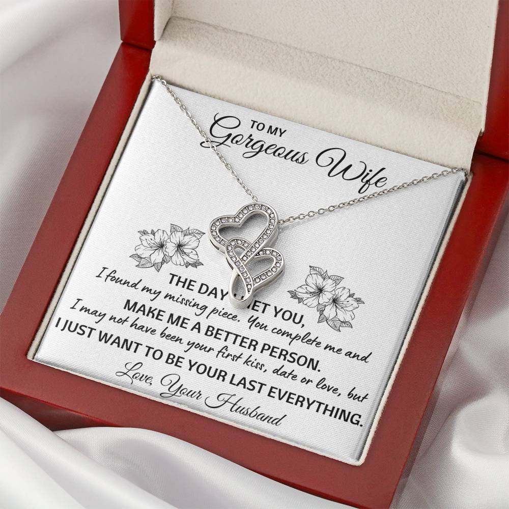 TO MY GORGEOUS WIFE "LAST EVERYTHING" DOUBLE HEARTS NECKLACE GIFT SET - ON CLOUD NINE GIFTS