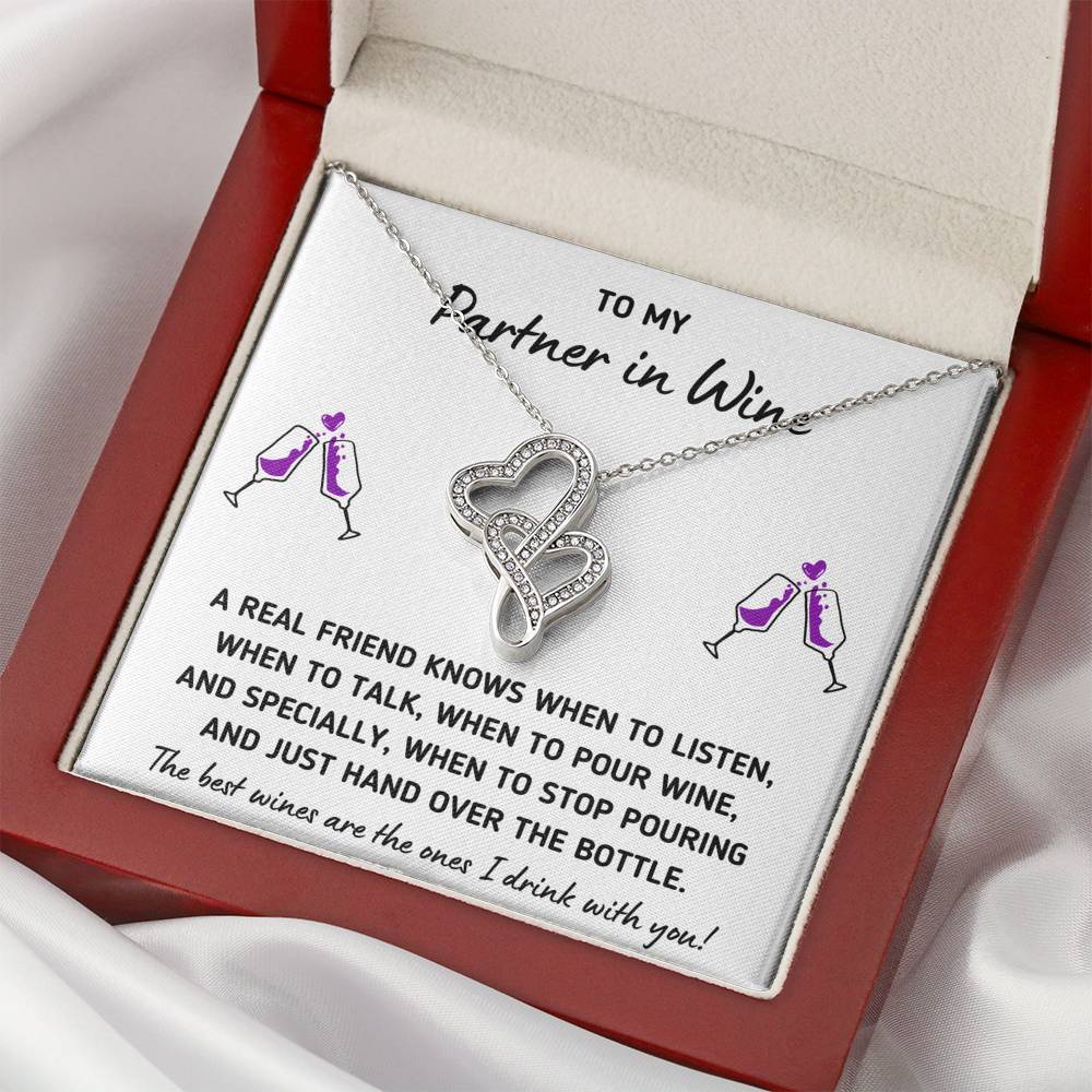 TO MY PARTNER IN WINE "HAND OVER THE BOTTLE" DOUBLE HEARTS NECKLACE GIFT SET - ON CLOUD NINE GIFTS