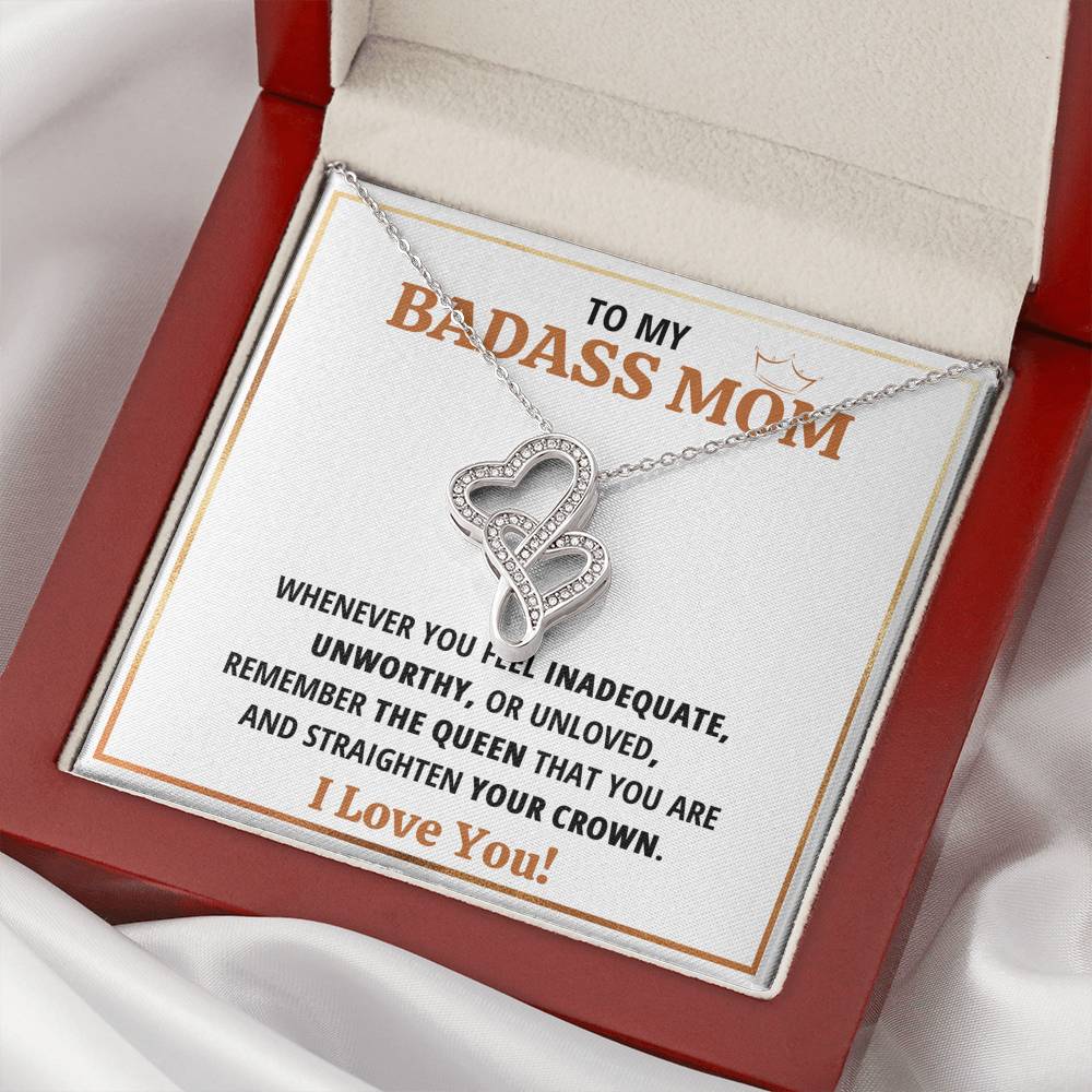 TO MY BADASS MOM QUEEN DOUBLE HEARTS NECKLACE GIFT SET - ON CLOUD NINE GIFTS