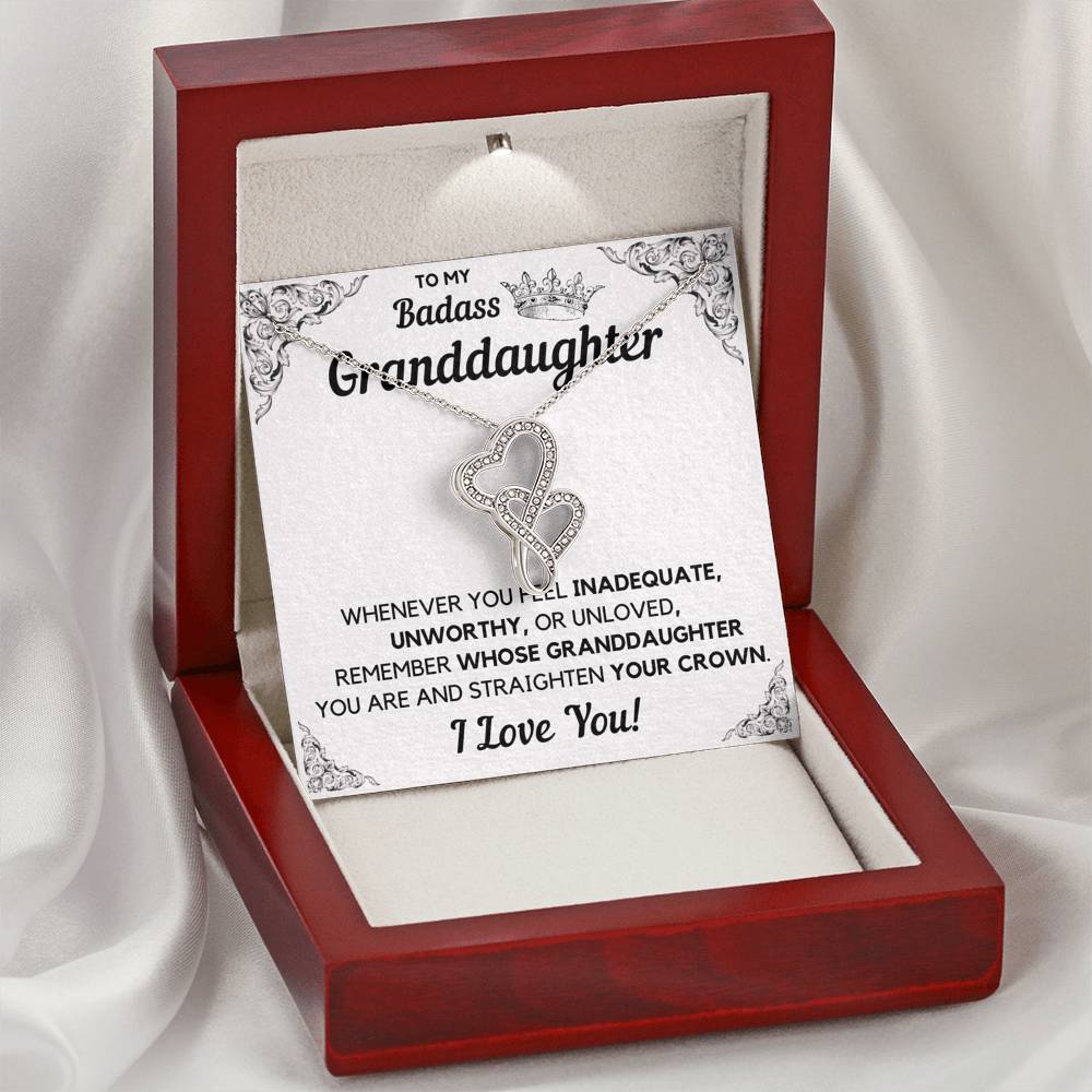 TO MY BADASS GRANDDAUGHTER CROWN DECORATION DOUBLE HEARTS NECKLACE GIFT SET - ON CLOUD NINE GIFTS