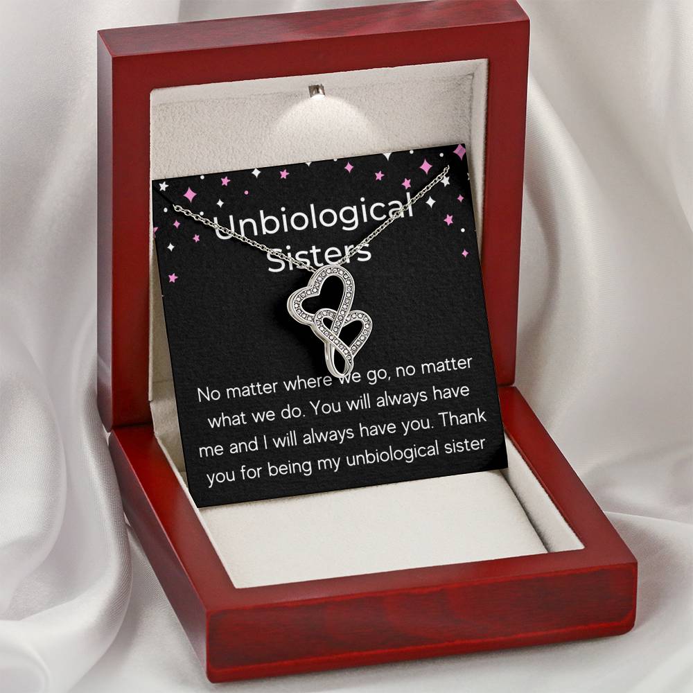 UNBIOLOGICAL SISTERS "NO MATTER WHERE WE GO" DOUBLE HEARTS NECKLACE GIFT SET - ON CLOUD NINE GIFTS