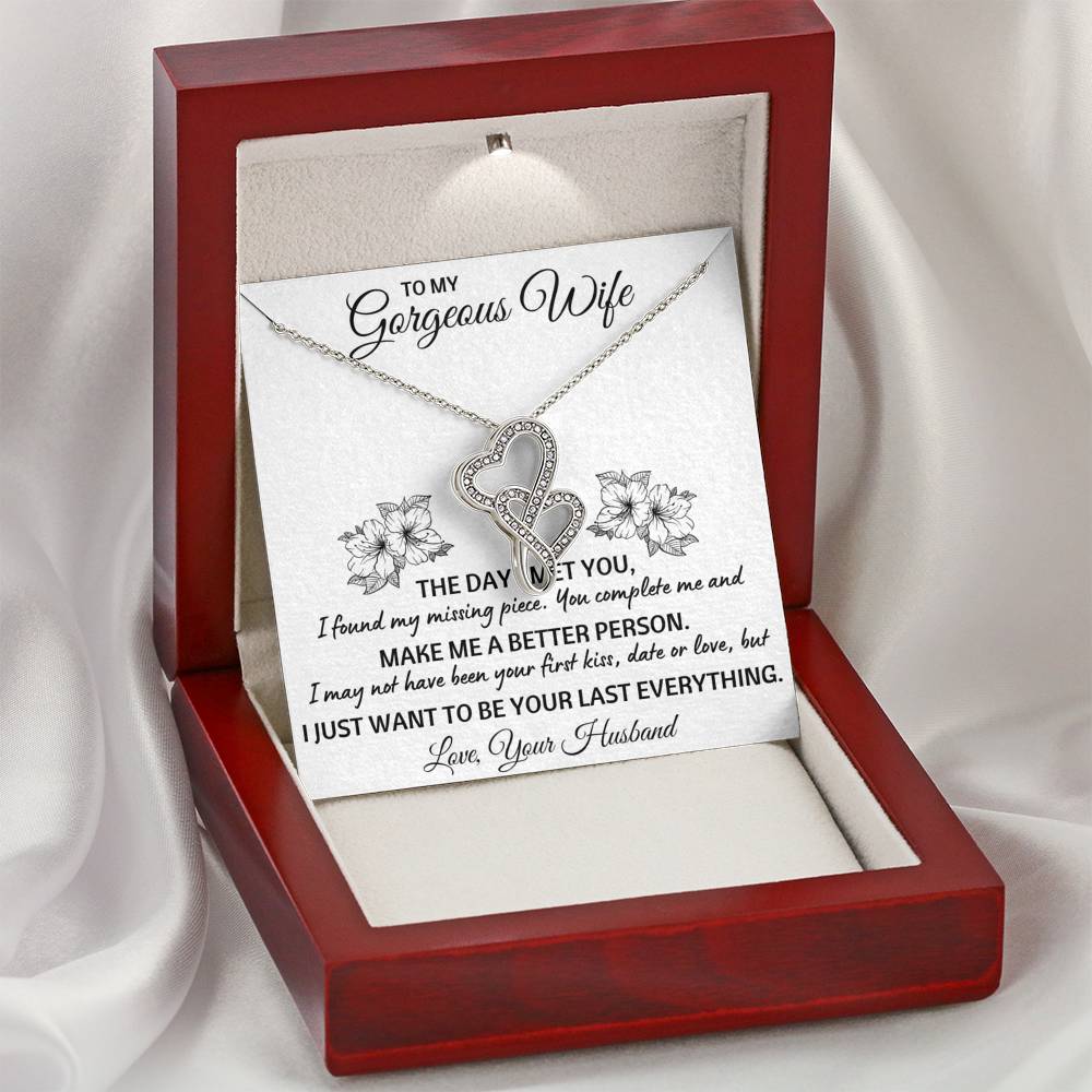 TO MY GORGEOUS WIFE "LAST EVERYTHING" DOUBLE HEARTS NECKLACE GIFT SET - ON CLOUD NINE GIFTS