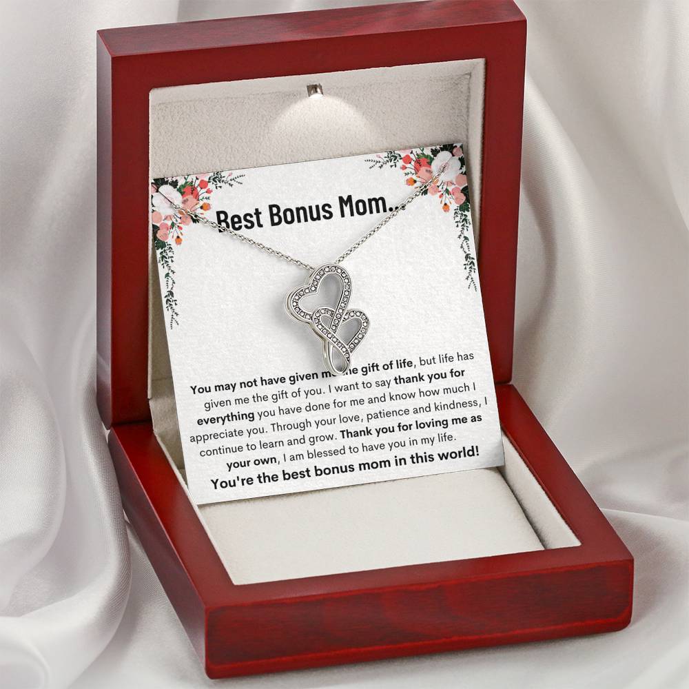 BEST BONUS MOM "LEARN AND GROW" DOUBLE HEARTS NECKLACE GIFT SET - ON CLOUD NINE GIFTS