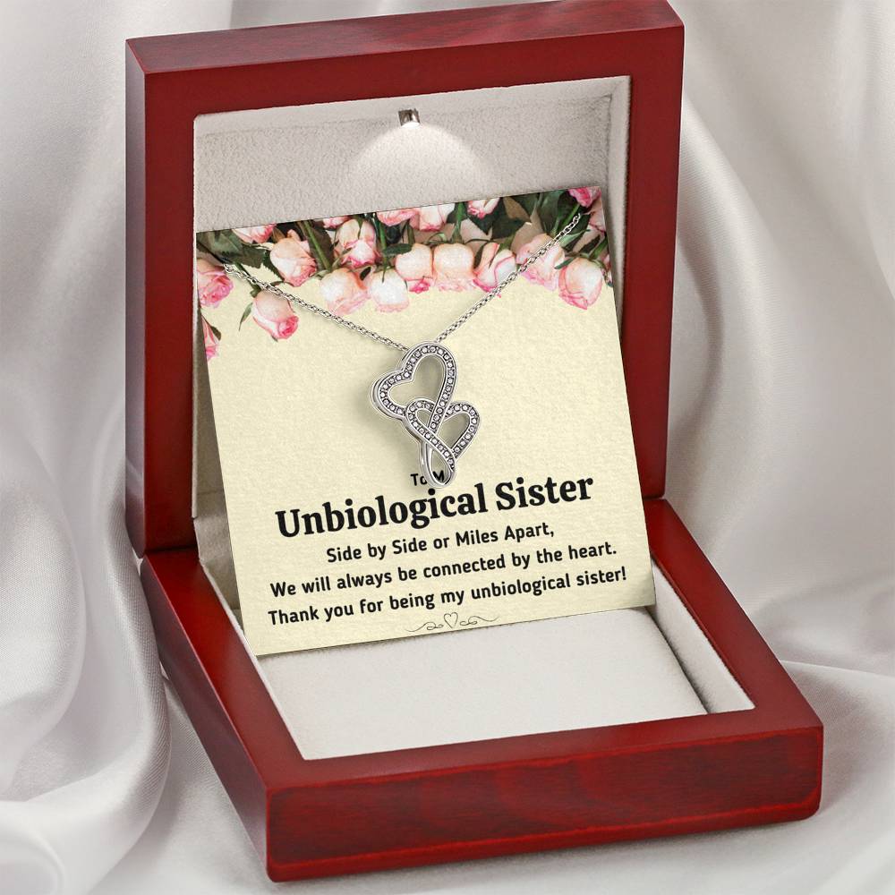 TO MY UNBIOLOGICAL SISTER "CONNECTED BY THE HEART" DOUBLE HEARTS NECKLACE GIFT SET - ON CLOUD NINE GIFTS