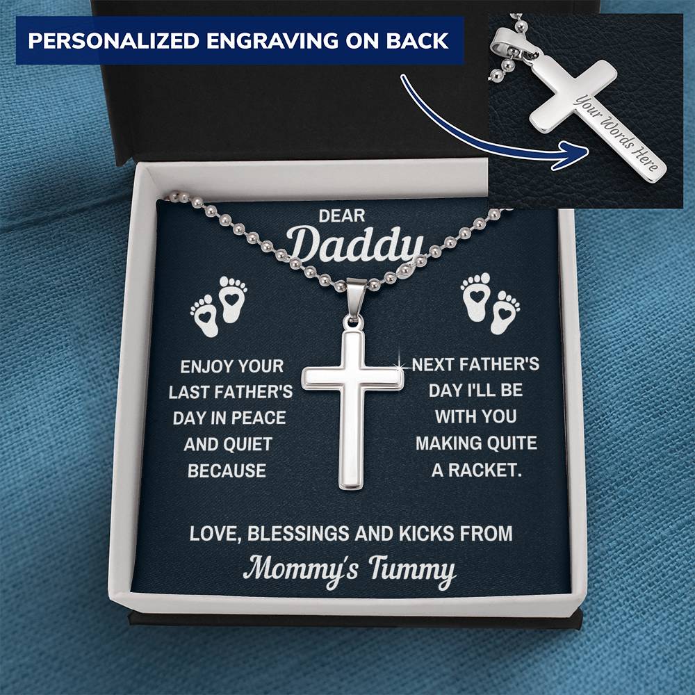 DEAR DADDY PEACE BLACK PERSONALIZED CROSS NECKLACE GIFT SET (BALL CHAIN) - ON CLOUD NINE GIFTS