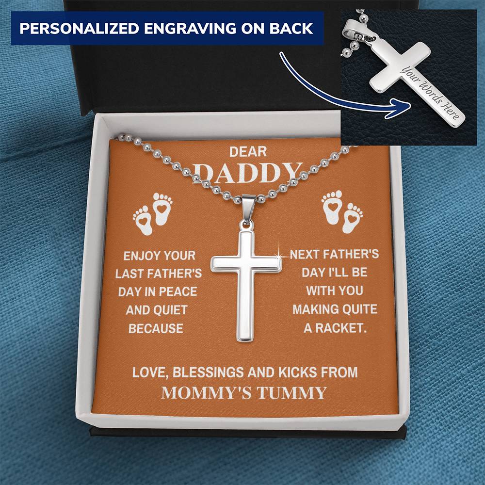 DEAR DADDY PEACE BLACK PERSONALIZED CROSS NECKLACE GIFT SET (BALL CHAIN) - ON CLOUD NINE GIFTS