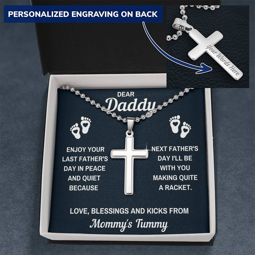 DEAR DADDY PEACE BLACK PERSONALIZED CROSS NECKLACE GIFT SET (BALL CHAIN) - ON CLOUD NINE GIFTS