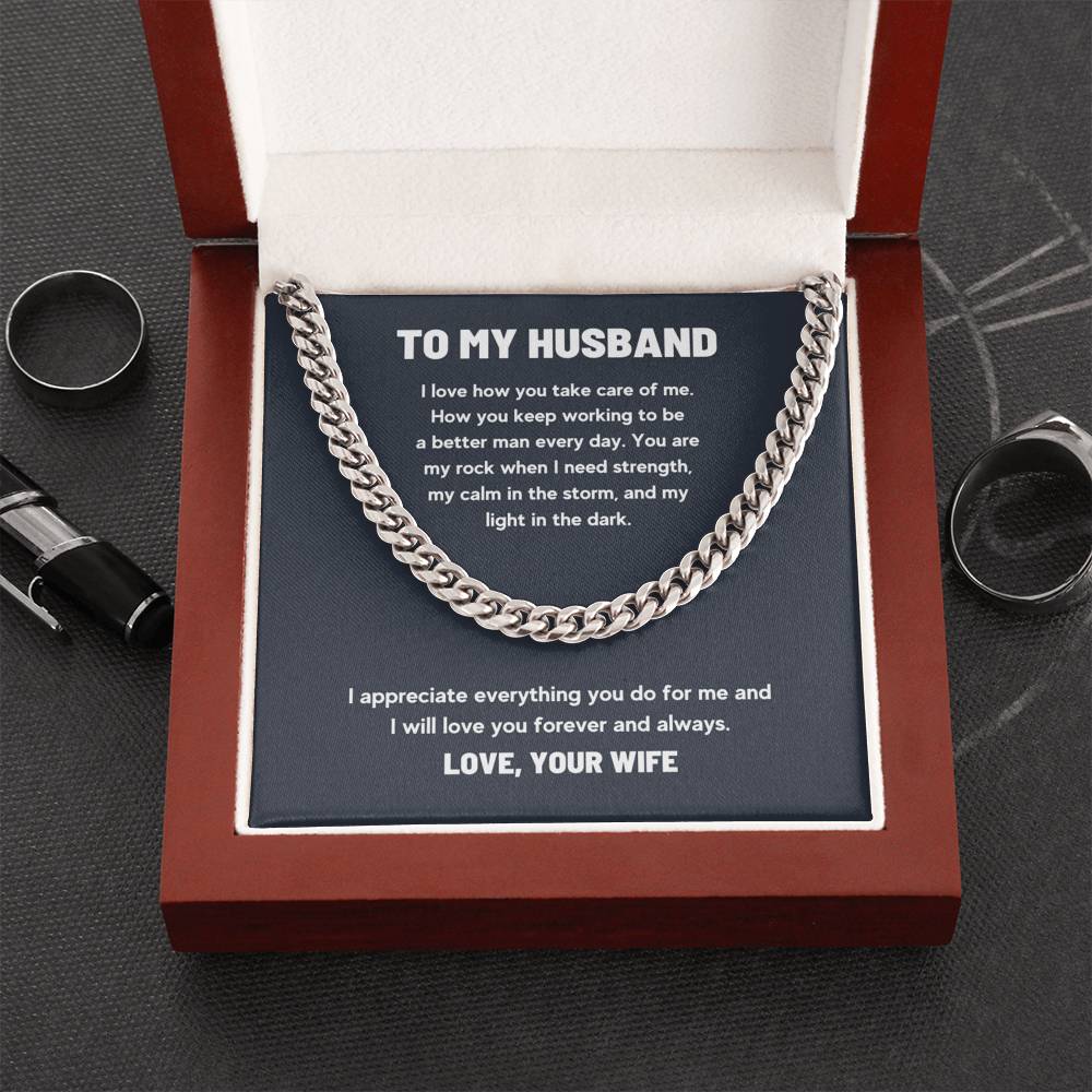 TO MY HUSBAND LIGHT IN THE DARK CUBAN LINK CHAIN NECKLACE GIFT SET - ON CLOUD NINE GIFTS