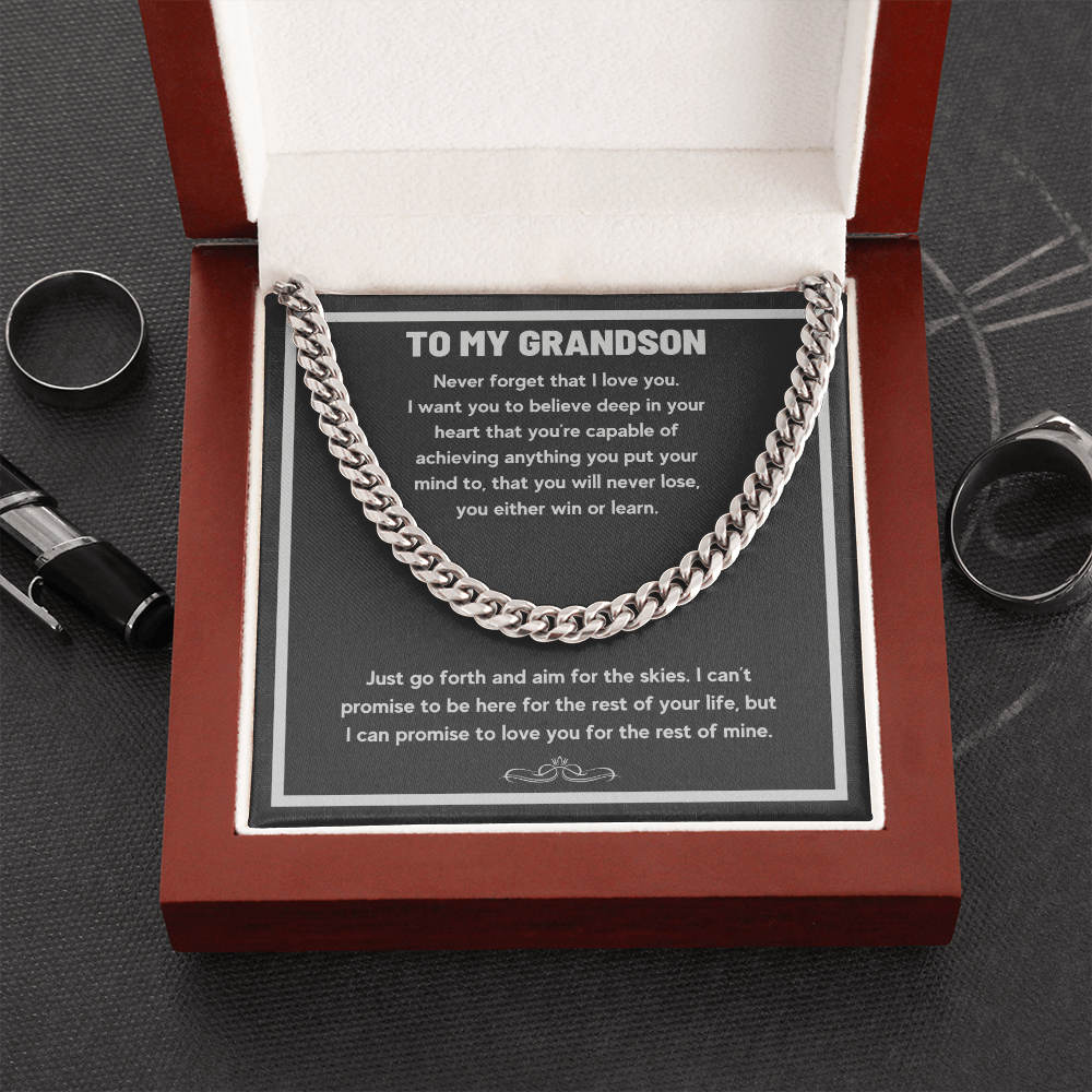 Gifts from grandma to grandson graduation gift Cuban Link Chain Necklace for my grandson with message card and gift box - ON CLOUD NINE GIFTS