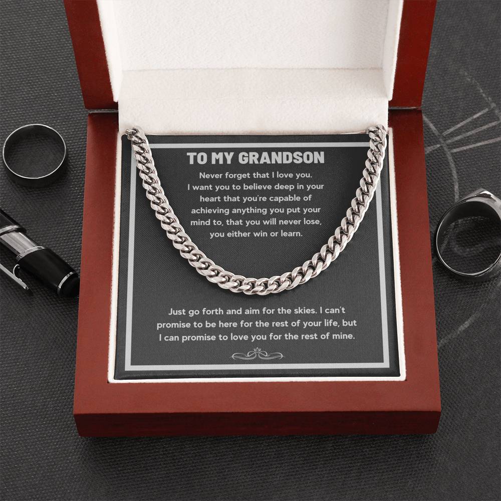 TO MY GRANDSON AIM FOR THE SKIES CUBAN LINK CHAIN NECKLACE GIFT SET - ON CLOUD NINE GIFTS