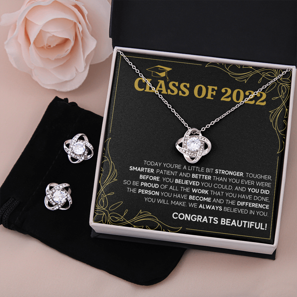 CLASS OF 2022 LOVE KNOT NECKLACE AND EARRINGS GIFT SET - ON CLOUD NINE GIFTS